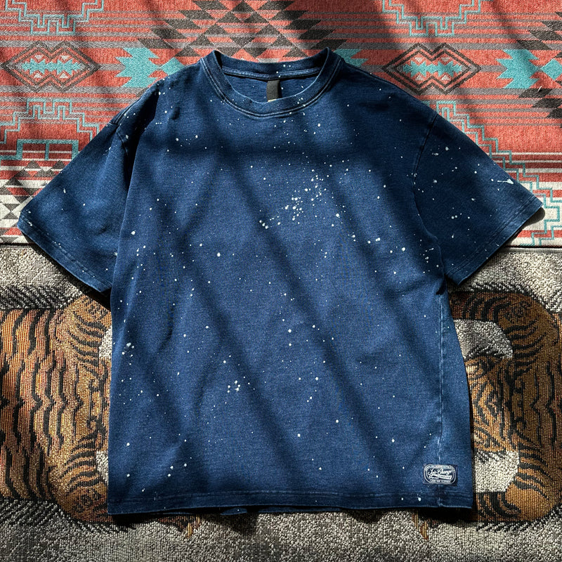 Japanese retro Indigo washed high-gram weight all-cotton ink-splashed short-sleeved T-shirt