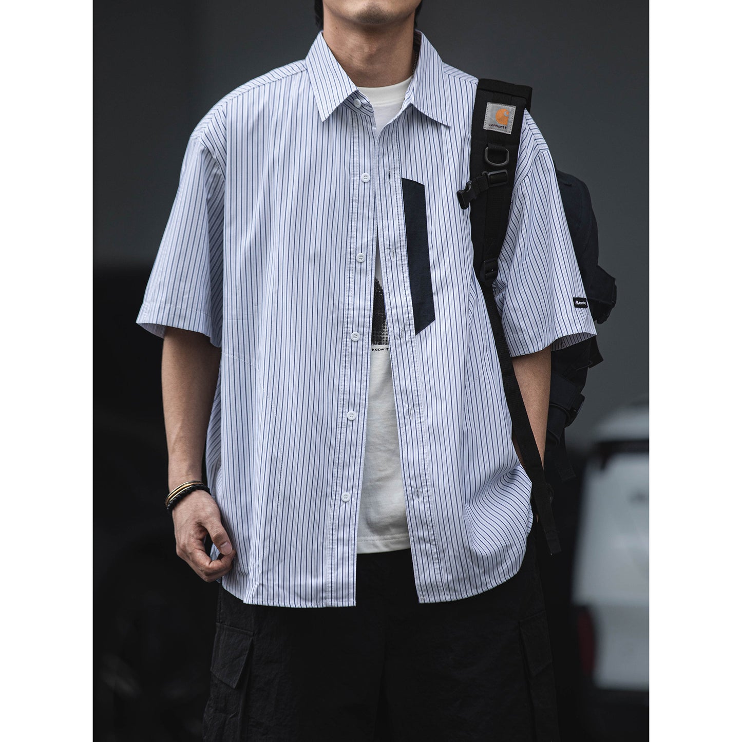 Ruffian summer Japanese short-sleeved shirt men's CityBoy casual three-quarter sleeve personalized striped cotton shirt trendy brand | Japanese vintage | yamalin clothes | Yamalinclothes