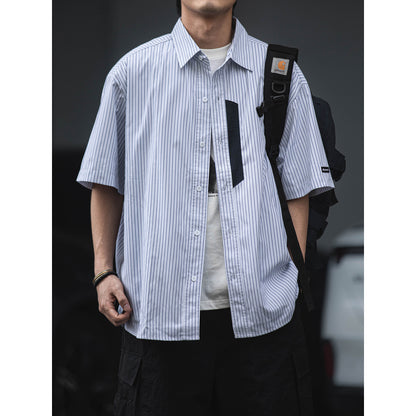 Ruffian summer Japanese short-sleeved shirt men's CityBoy casual three-quarter sleeve personalized striped cotton shirt trendy brand | Japanese vintage | yamalin clothes | Yamalinclothes