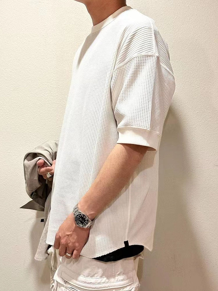 Japanese waffle solid color functional versatile casual loose crew neck half-sleeved T-shirt