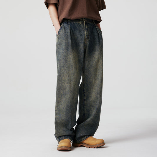 Vintage washed yellow mud dyed wide-leg jeans men's loose new straight-leg pants American trendy brand versatile men's pants