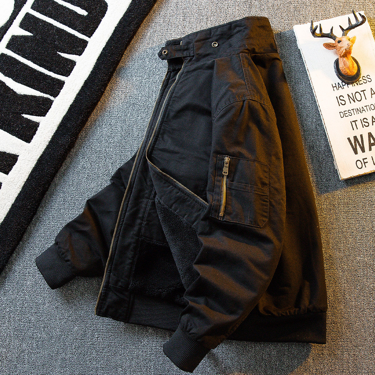 Lambswool Stand Collar Workwear Bomber Jacket – Fleece Lined Unisex Winter