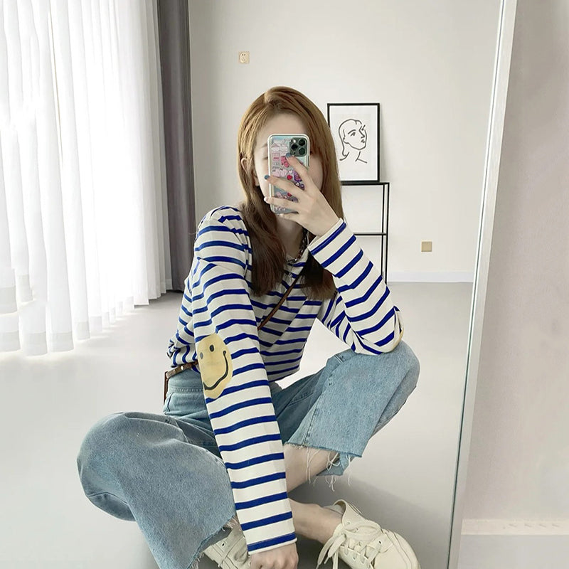 striped smiley print Japanese men and women couples casual cotton long-sleeved bottoming shirt