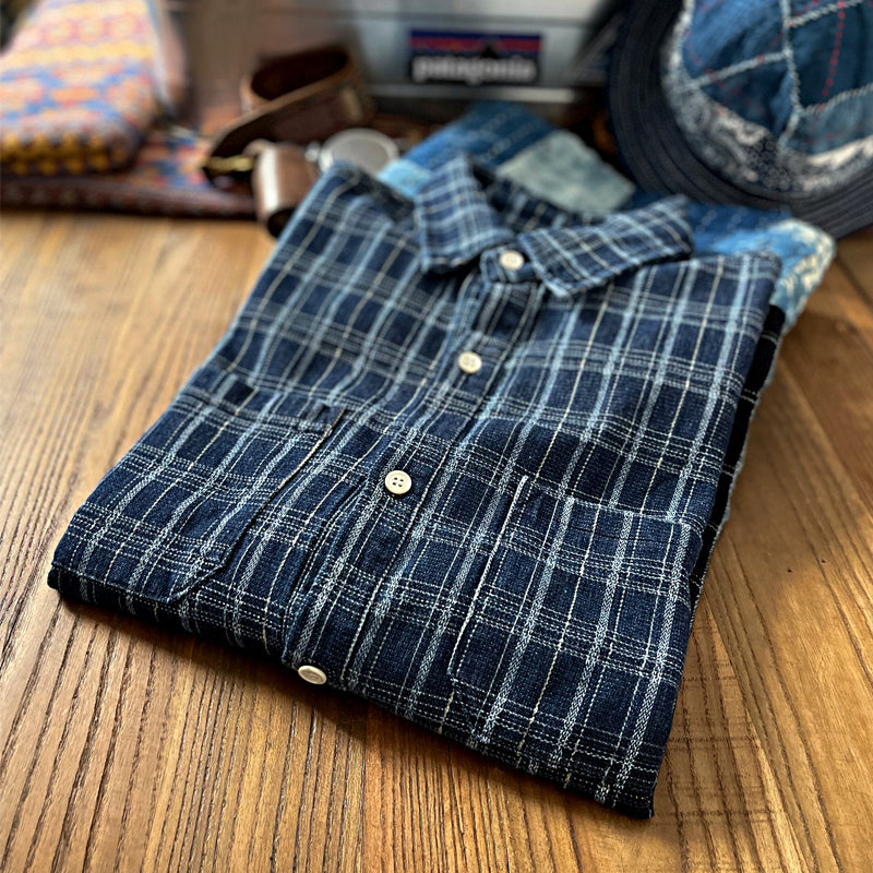 Japanese cotton and linen texture washed gradient blue and black plaid shirt