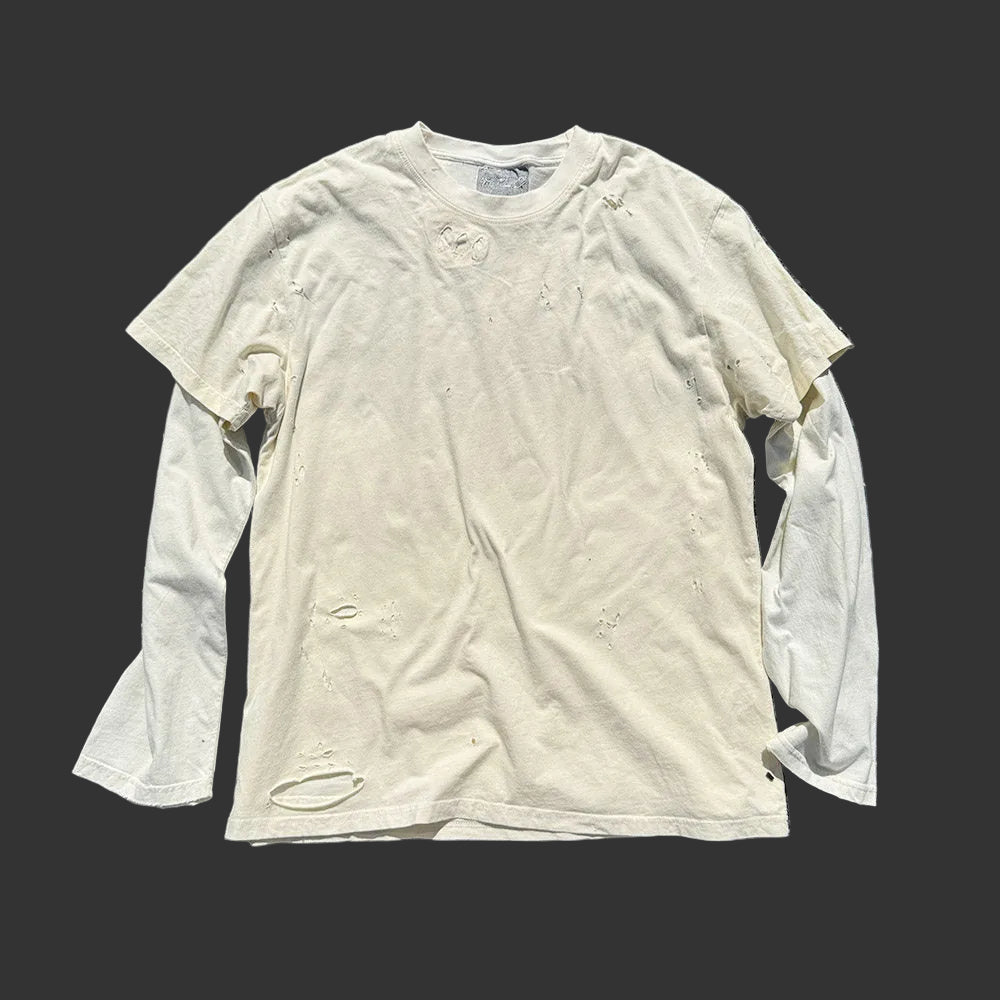 Two distressed trendy couple plus size loose college long-sleeved T-shirts | Japanese vintage | yamalin clothes | Yamalinclothes