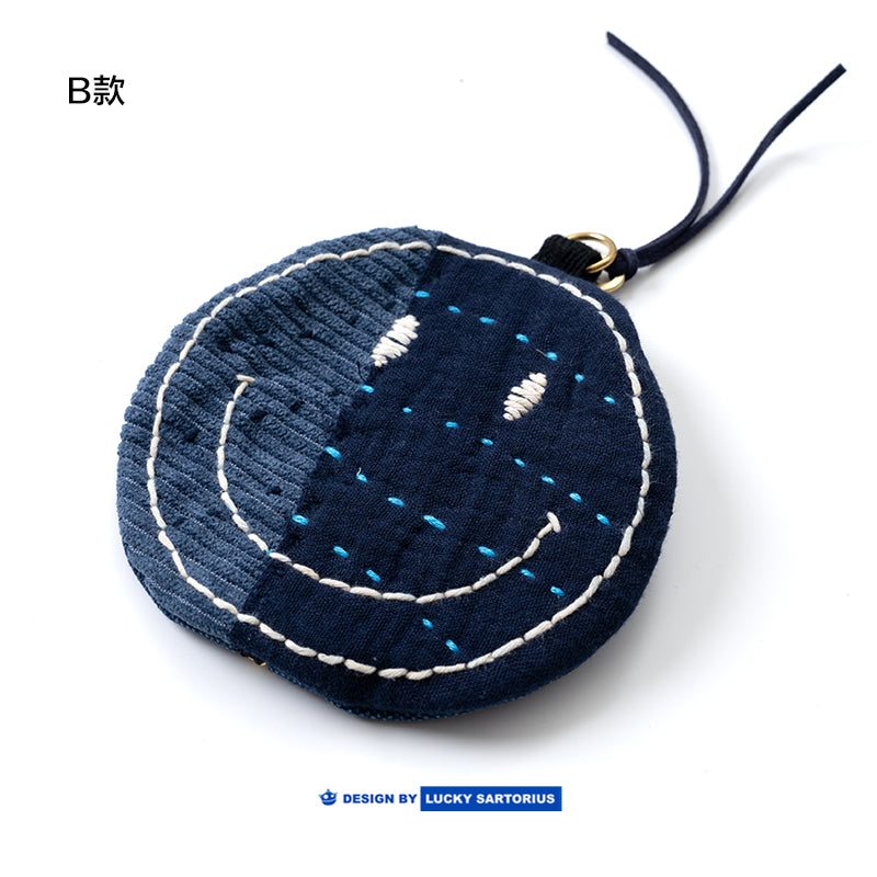 Handmade embroidered indigo fabric smiley coin purse