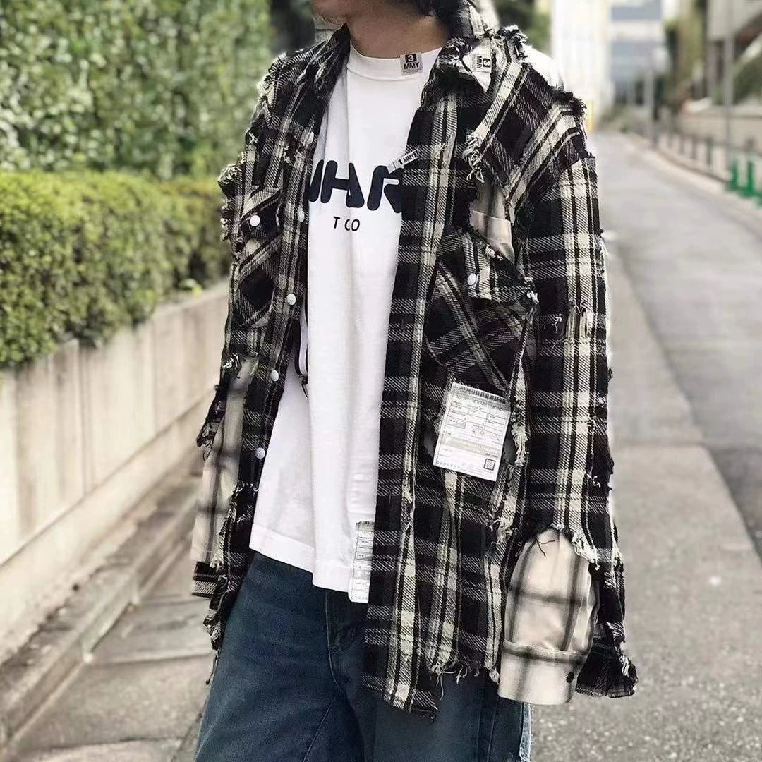 Japanese black and white checkered distressed double-layer shirt jacket