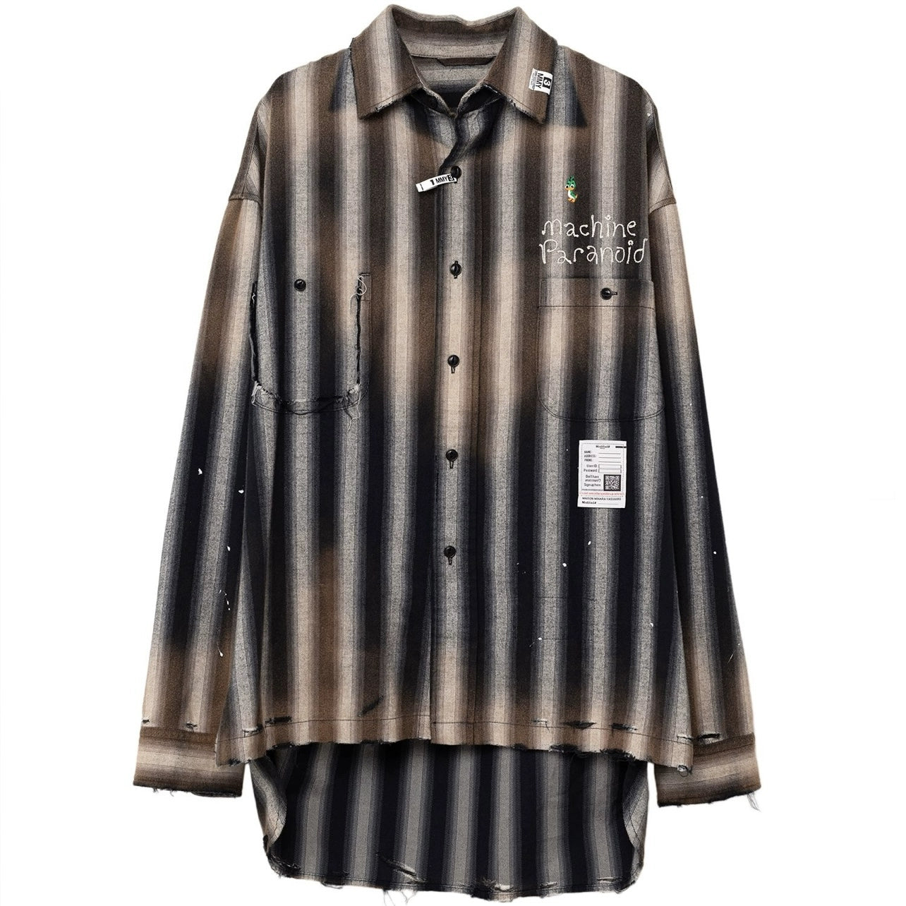 Japanese style striped duck embroidered distressed long sleeve shirt