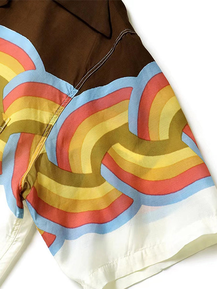 Japanese unisex rainbow wave color-block breasted loose casual short-sleeved shirt