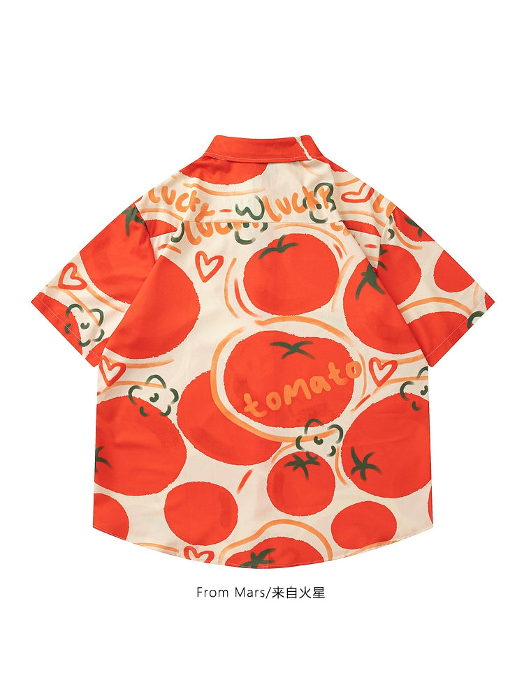 Harajuku wind ins red apricot color white shirt fruit full print lazy summer tide