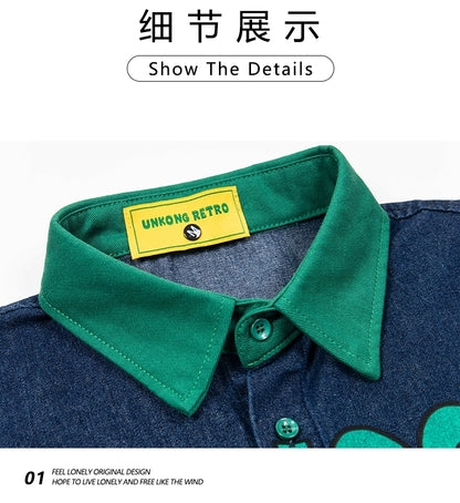 American retro fun cartoon jeans short-sleeved shirt men loose design sense niche shirt