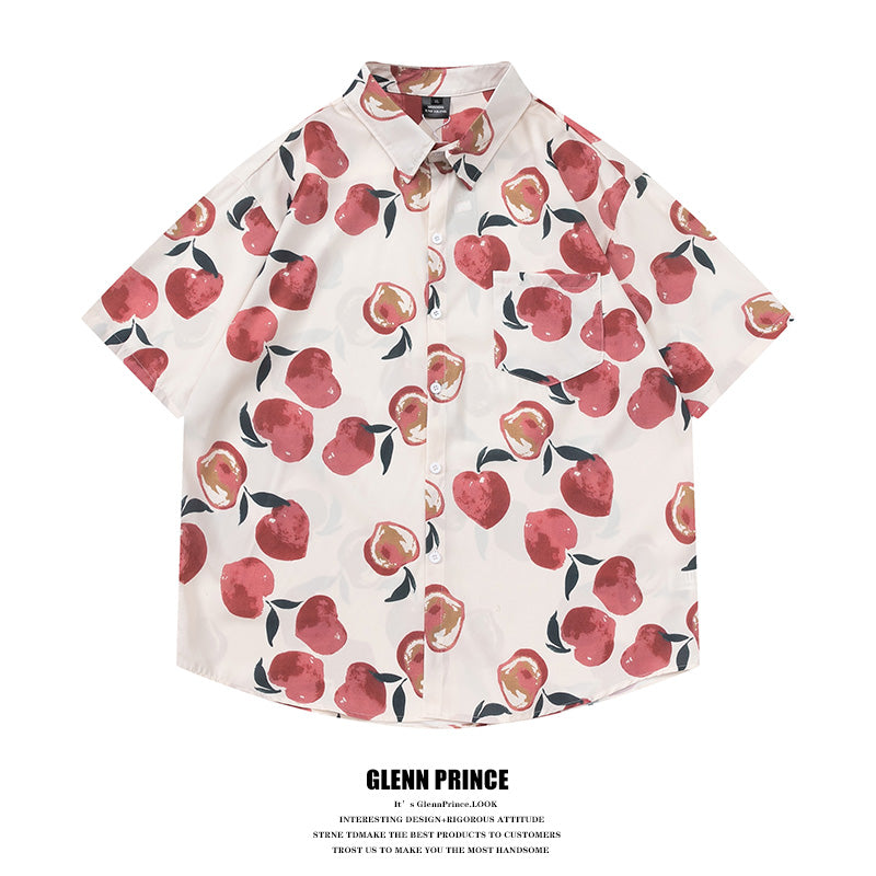 Japanese Hawaiian Peach Full Print Short Sleeve Shirt Men's Summer Hong Kong Style Couple Half Sleeve Flower Shirt
