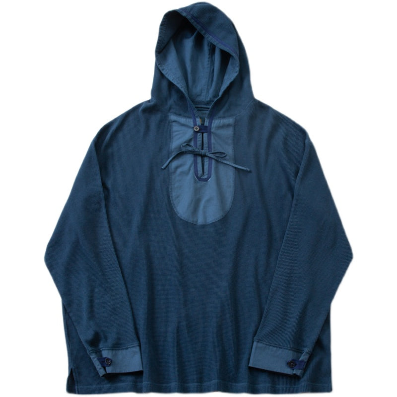 Japanese loose dropped shoulders slouchy wind indigo dyed waffle hooded sweatshirt men