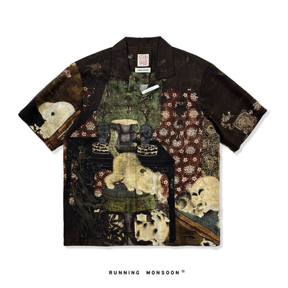 China style Cuban collar tencel shirt short-sleeved Hawaiian flower shirt for couples