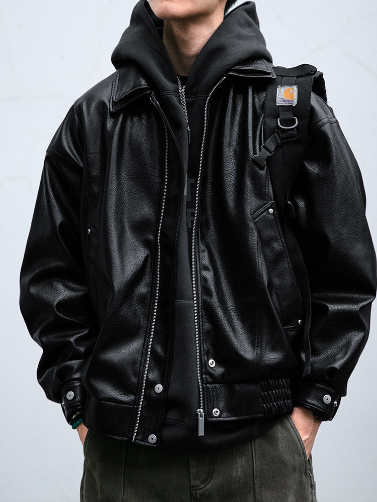 Soft PU Double-Layer Lapel Leather Jacket – American Retro Oversized Unisex – Japanese vintage | fall outfits 2026 | fall winter outfits | classy winter outfits | lazy comfy outfits | japanese streetwear | vintage workwear | yamalin clothes | Yamalinclothes