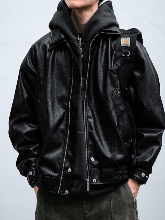 Soft PU Double-Layer Lapel Leather Jacket – American Retro Oversized Unisex