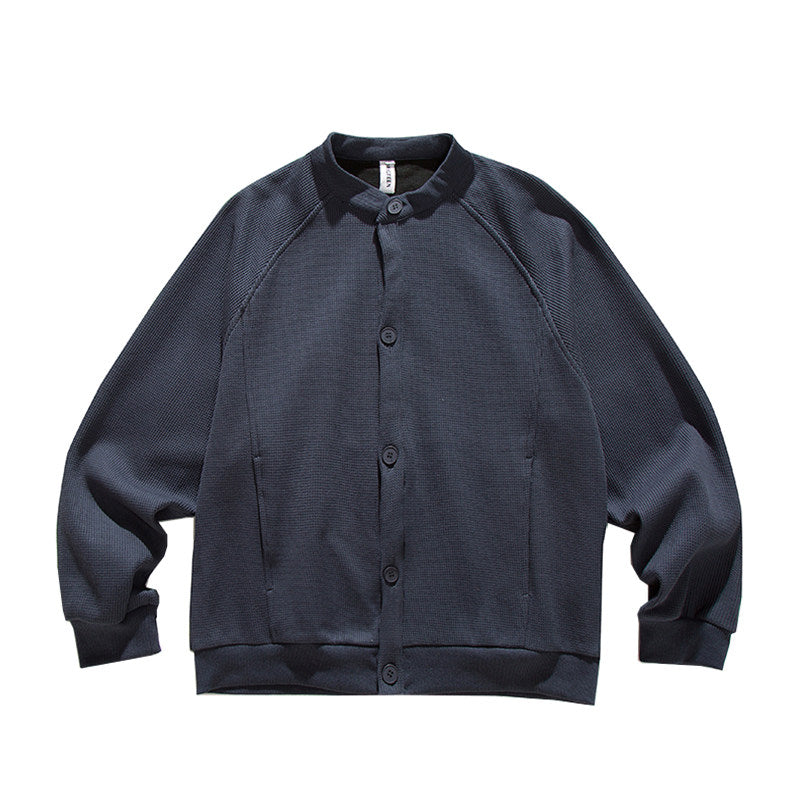 Heavyweight Japanese Waffle Henley Cardigan – Loose Raglan Sleeve Unisex Sweatshirt