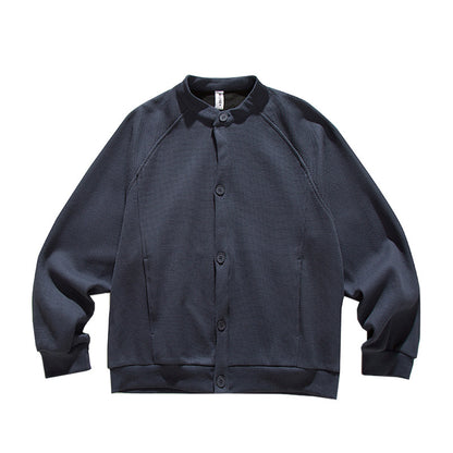 Heavyweight Japanese Waffle Henley Cardigan – Loose Raglan Sleeve Unisex Sweatshirt