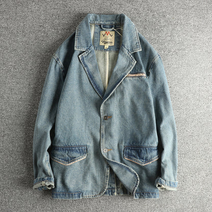 American Wilderness Vintage Heavy Washed Distressed Denim Jacket – Oversized Lapel Trucker Coat