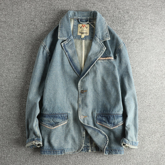 American Wilderness Vintage Heavy Washed Distressed Denim Jacket – Oversized Lapel Trucker Coat – Japanese vintage | yamalin clothes | Yamalinclothes