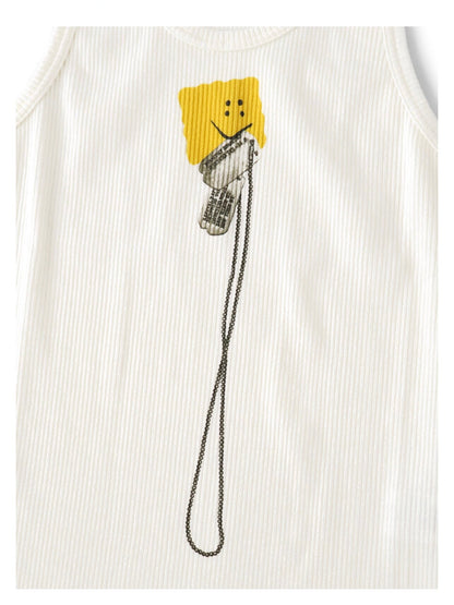 26SS Japanese Casual Smiley Face Cookie Print Sleeveless Vest T-shirt | Japanese vintage | yamalin clothes | Yamalinclothes
