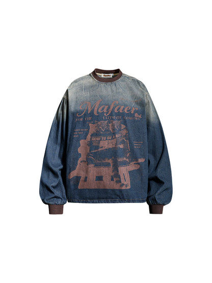 Washed Letter Print Denim Long Sleeve Sweatshirt – Loose Unisex American Vintage