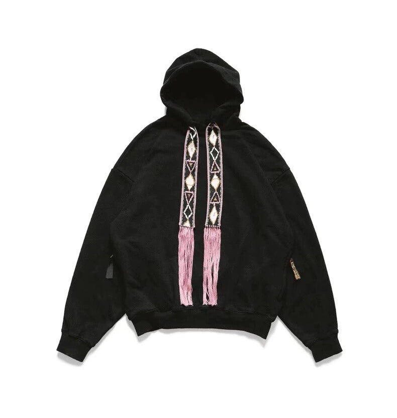 Japanese ethnic style tassels embroidered ribbon casual hooded sweater for men and women
