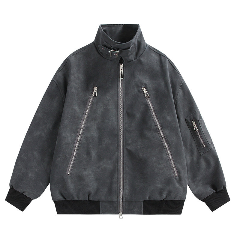 Double-Zip Stand-Collar PU Leather Jacket – Vintage Oversized Unisex