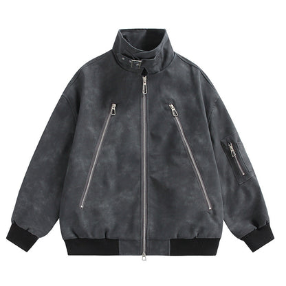 Double-Zip Stand-Collar PU Leather Jacket – Vintage Oversized Unisex