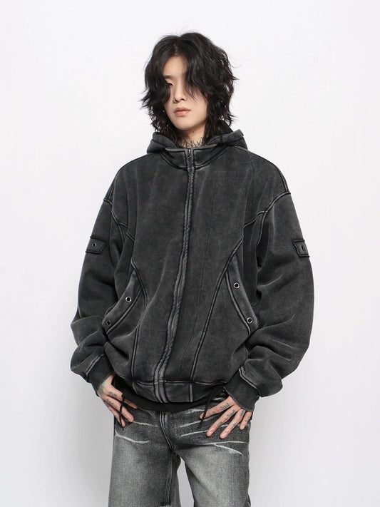 Washed Zip Hoodie – Curved Seams & Eyelet Details | Yamalinclothes