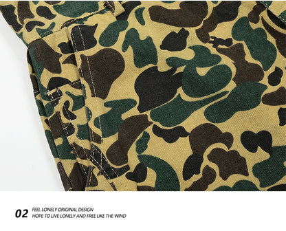 American retro camouflage jeans shorts, men's fashionable summer loose straight pants, street cropped pants