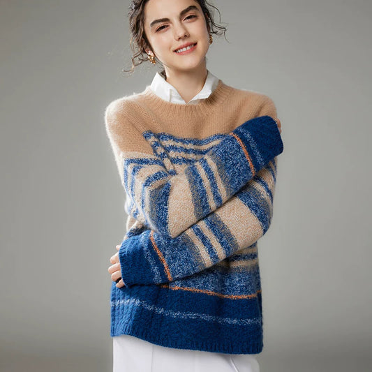 Autumn New Floral Yarn Color-Block Thickened Knit Crew Neck Cashmere Top, Fashionable Casual Commuting Versatile