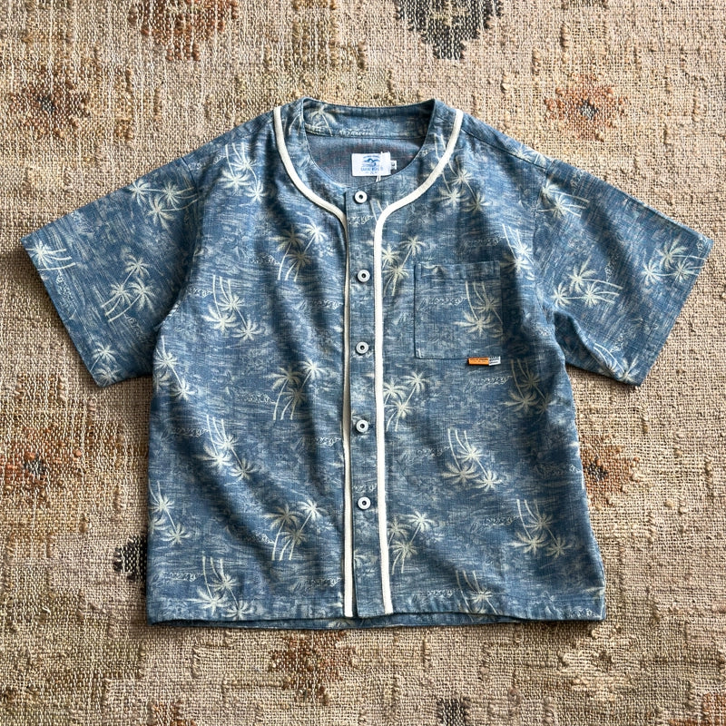 Japanese vintage island coconut tree pattern denim loose collarless short-sleeved shirt in summer layered with jackets for men and women