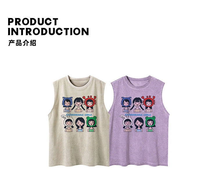 Vintage little girl print vest for men and women summer oversize couple sleeveless T-shirt
