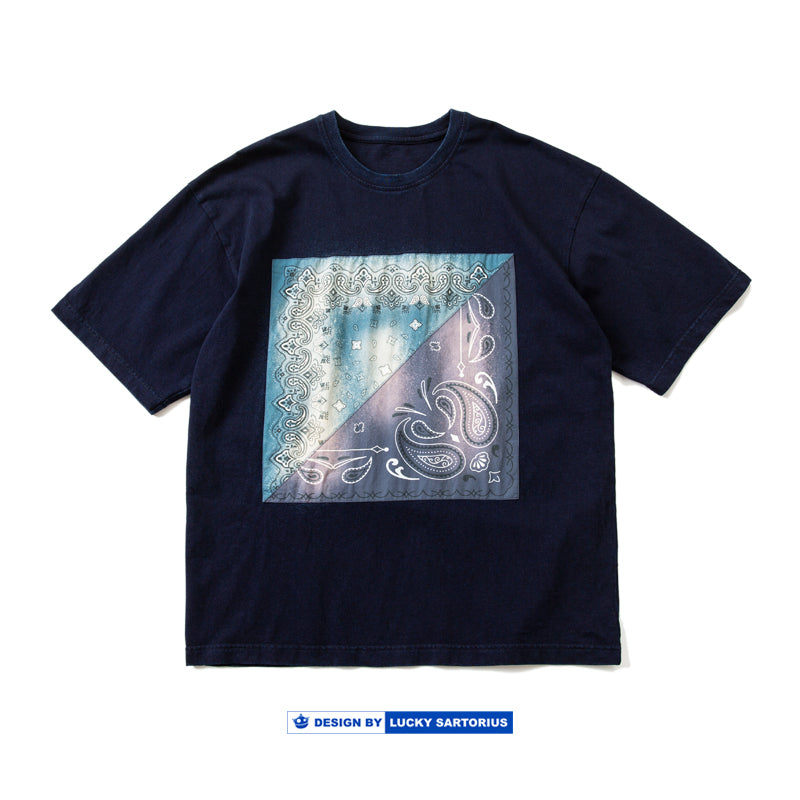 Indigo dyed short-sleeved T-shirt starry tie-dyed patch loose summer cotton half-sleeve T-shirt