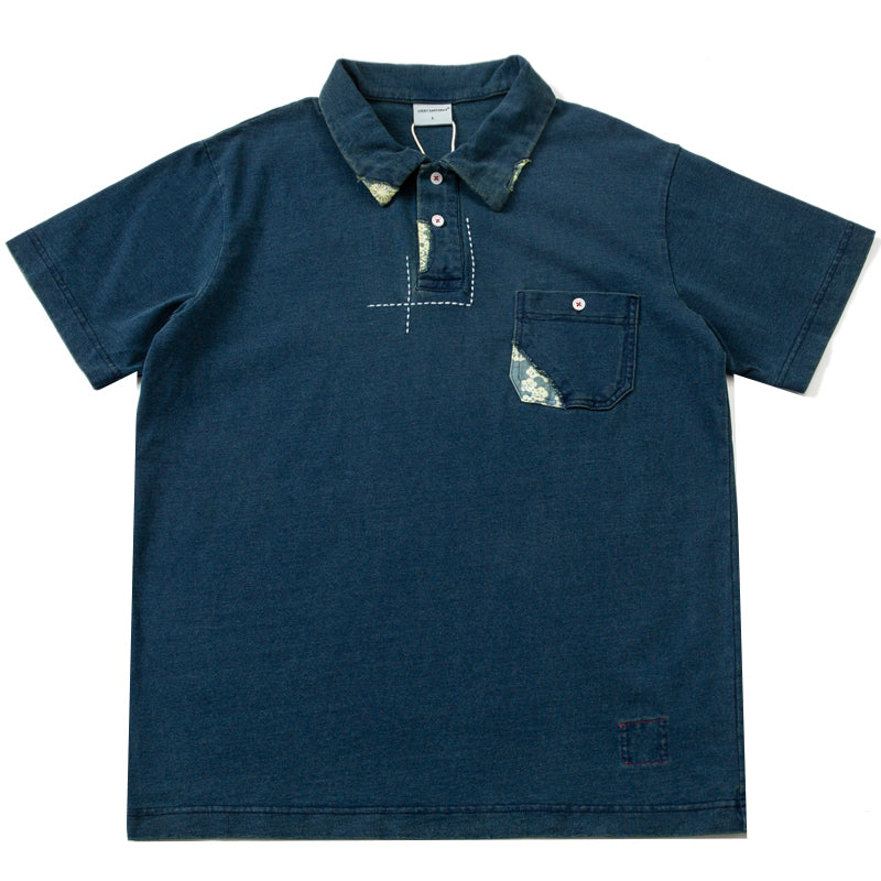 luckysartorius indigo dyed thorn embroidery patch craft Japanese loose version short-sleeved Polo shirt men's tide