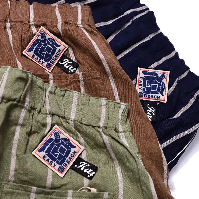 Japanese retro trend cotton and linen adjustable elastic casual shorts