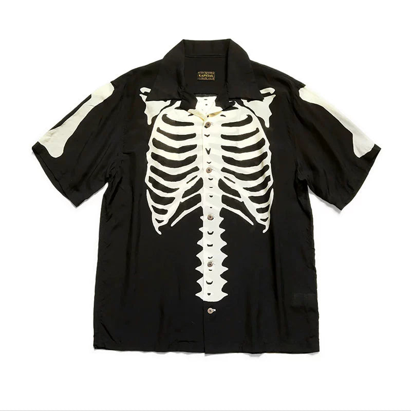 Japanese street casual bone print Cuban collar short sleeve shirt