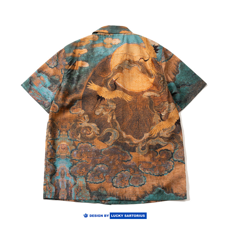 New Chinese style national style crane pattern lyocell tencel ice fabric summer short sleeve shirt shirt men and women