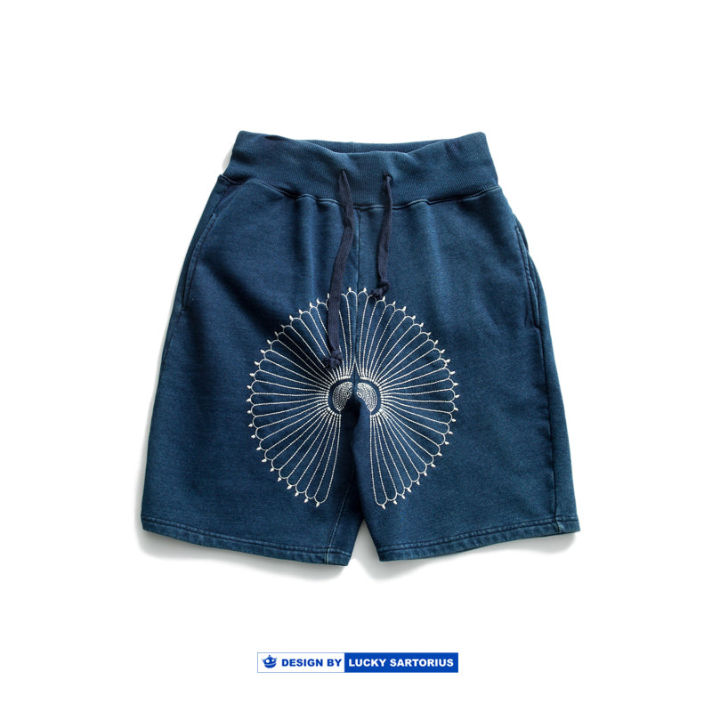 Japanese Blue dyed embroidered chrysanthemum shorts elastic waist