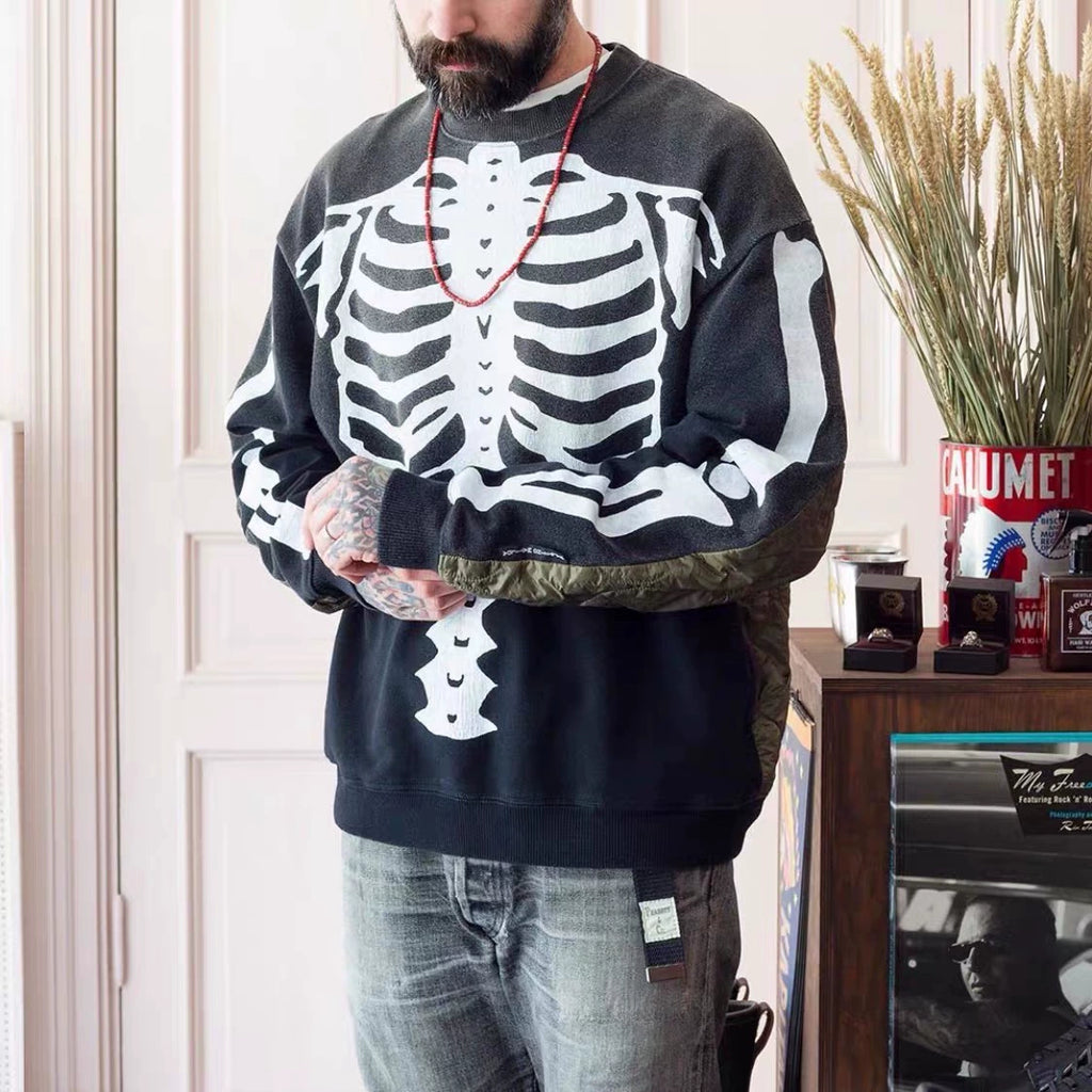 Cracked bone print distressed stitching Japanese retro round neck sweater