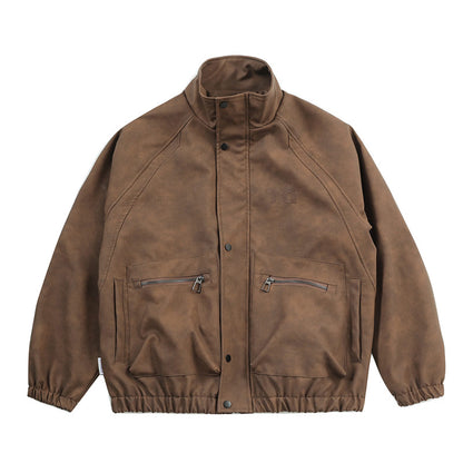 Letter Embroidery Stand-Collar Moto Jacket – American Retro Oversized Unisex
