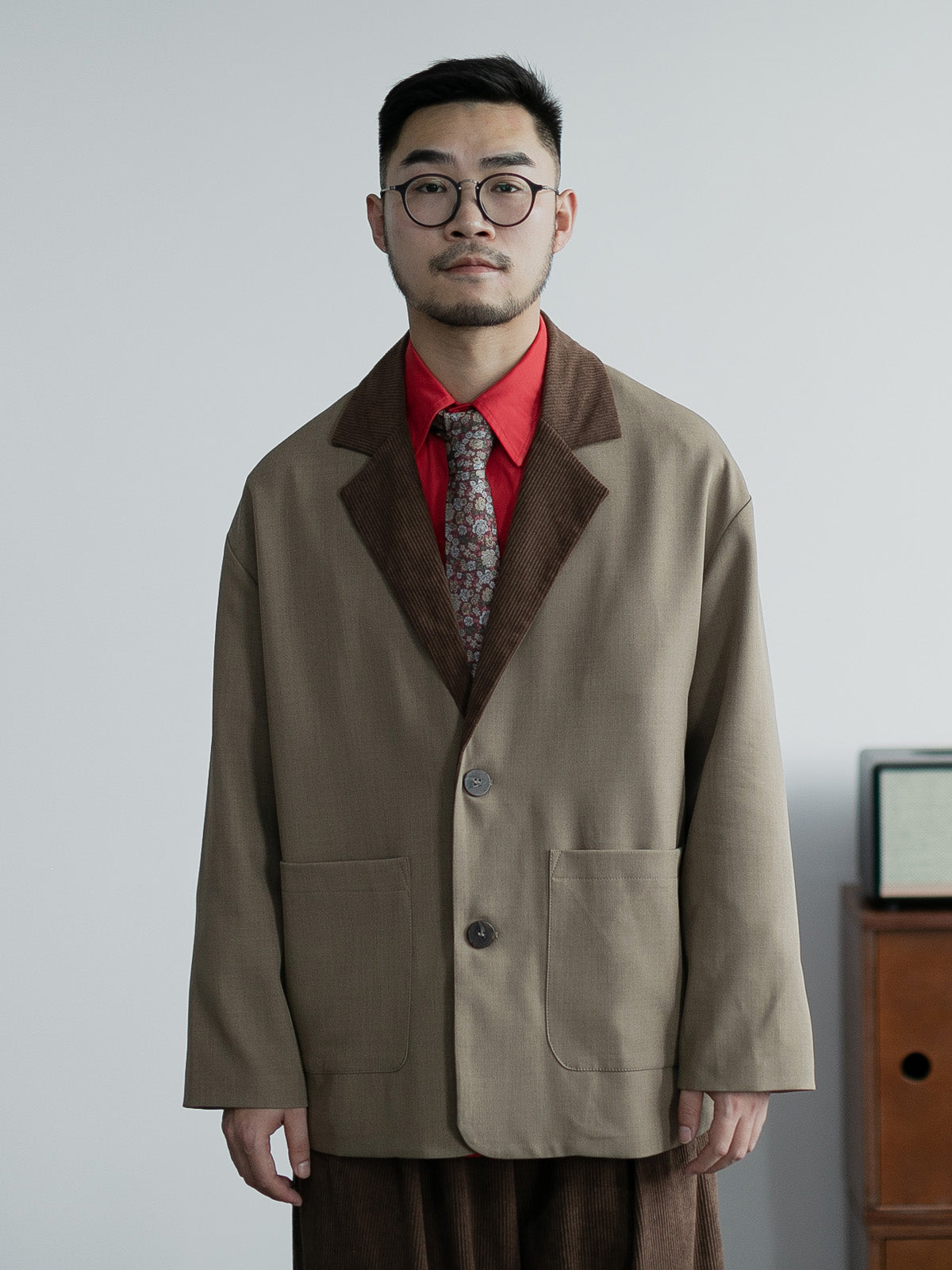 Spring and Autumn New corduroy collar casual suit for men loose profile high-class suit color matching outer