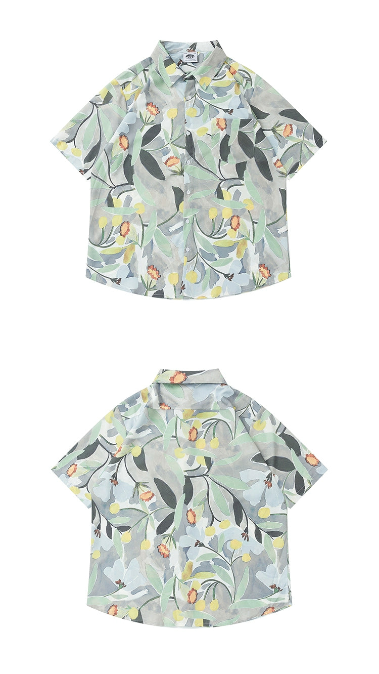 Japanese retro floral full-print short-sleeved shirt tide oversize lovers cardigan