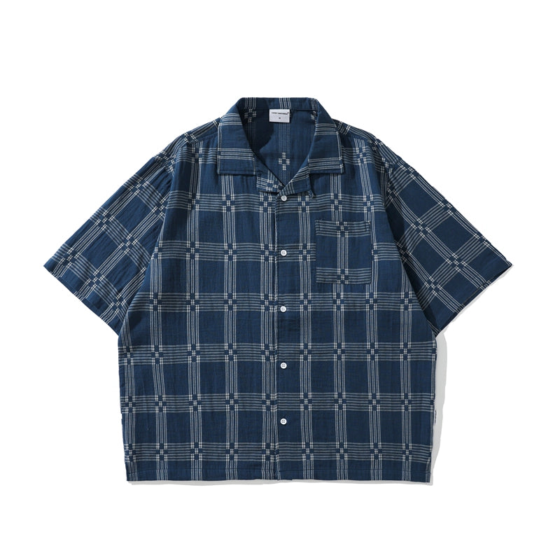 Summer Chinese ethnic style Cuban collar checked shirts for men and women loose age reduction short-sleeved overalls shirt tide