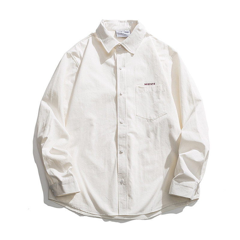 Japanese trend embroidery letter solid color lapel long sleeve shirt men's spring and autumn cleanfit shirt | Japanese vintage | yamalin clothes | Yamalinclothes