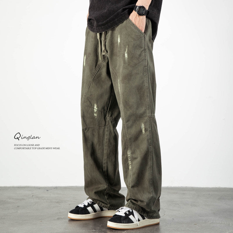 Army Green Straight Loose Elastic Waist Workwear Jeans – Unisex Casual