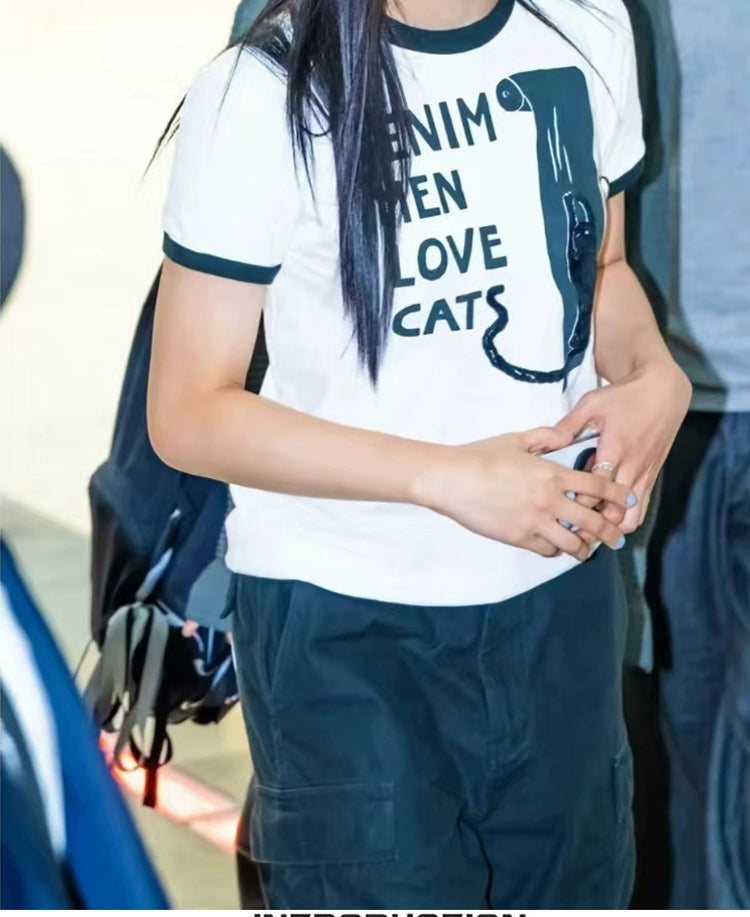 Japanese cat foam print pattern unisex loose crew neck short sleeve T-shirt