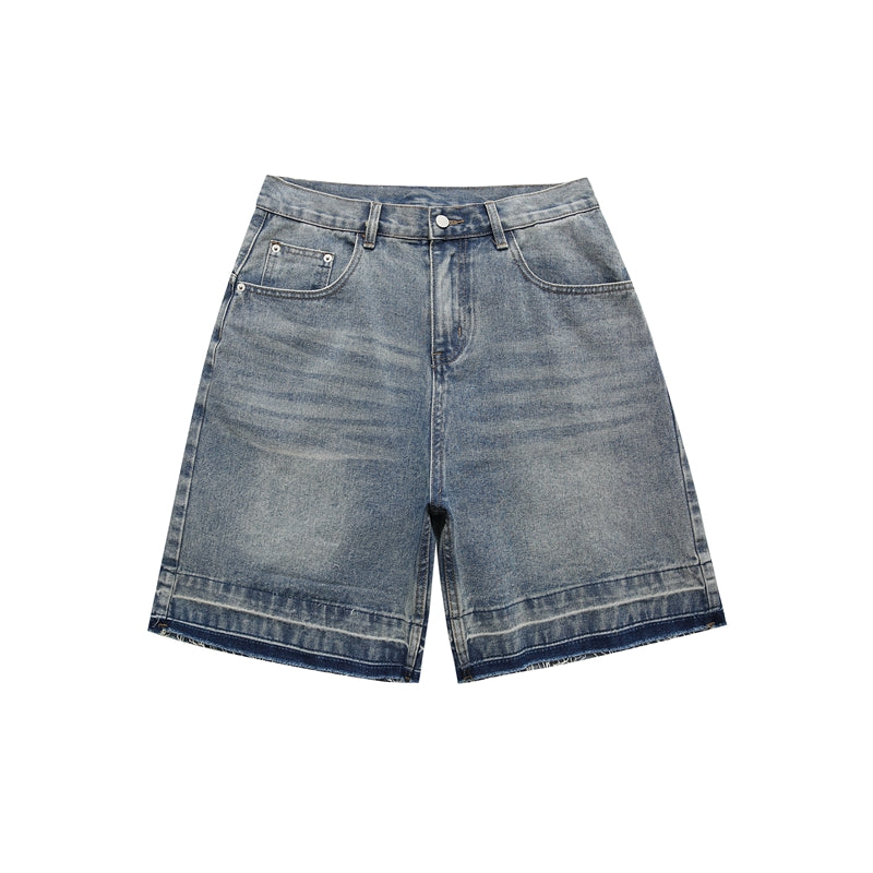 Splicing raw edges, washed, frayed white, distressed denim shorts, men's American trendy brand, summer loose casual shorts
