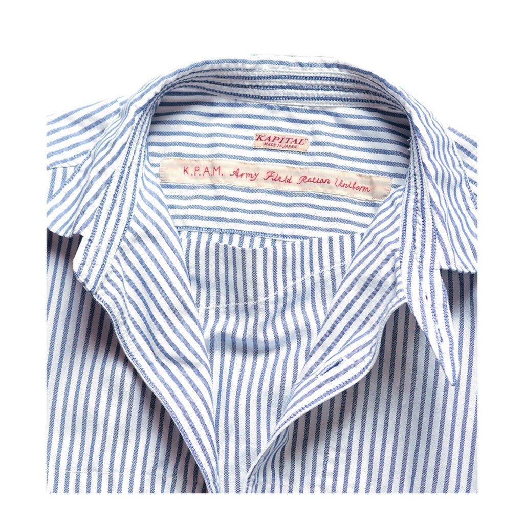 Japanese casual pleated two-pocket blue and white striped lapel loose long-sleeved shirt